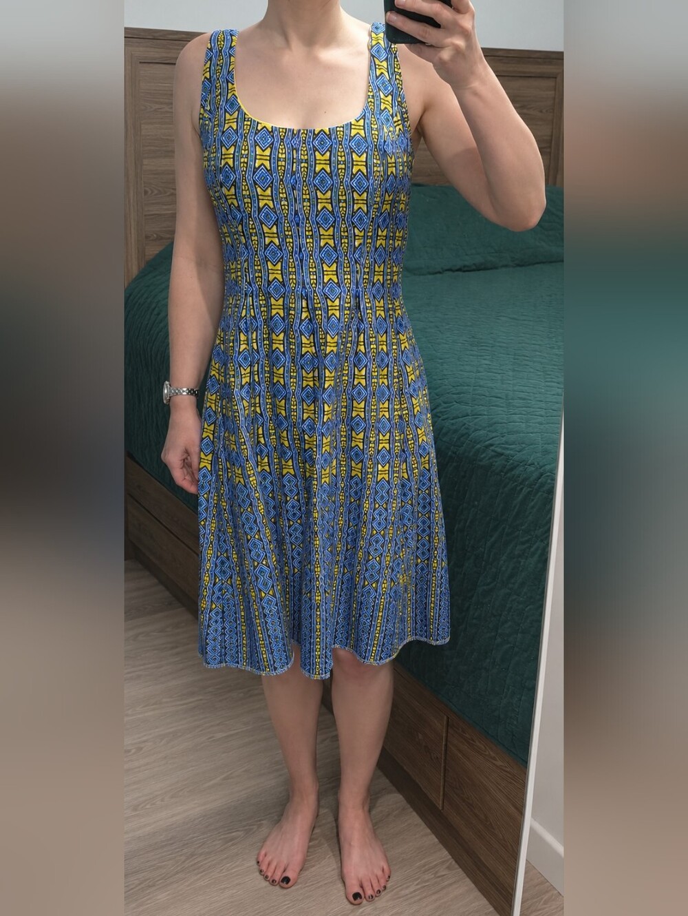 NINE WEST Blue & Yellow 100% Cotton Fit & Flare Dress with Pockets Size 6